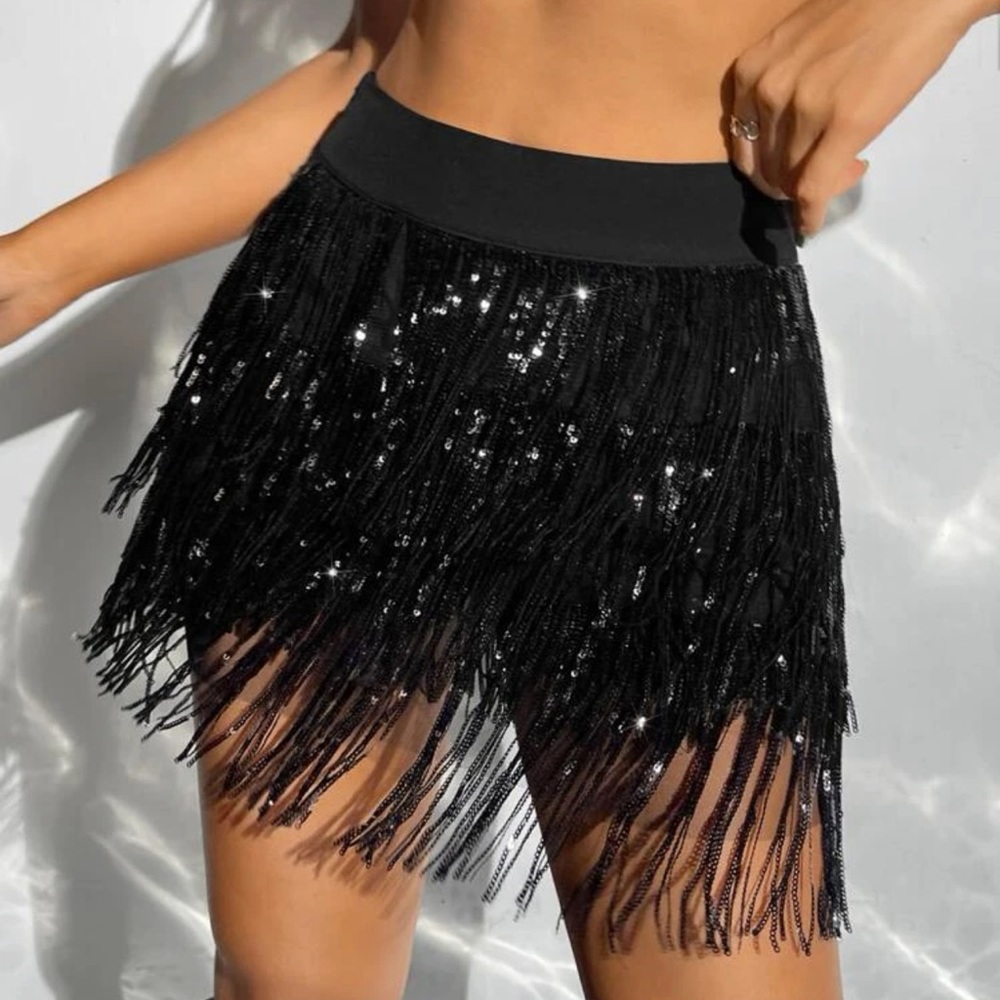 Black Sequin Fringe Shorts